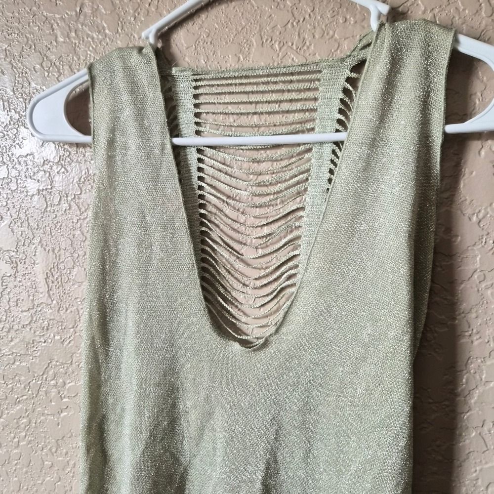 Alexe Pertile Metallic Gold Shredded Ladder Knit Tank Top Sleeveless Gold Medium